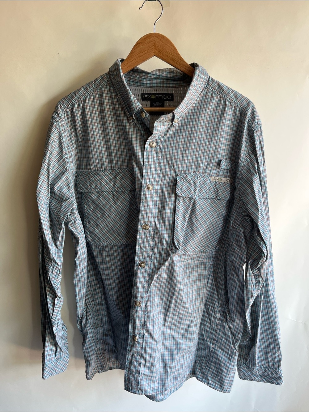 Exofficio Airstrip Shirt Sz XL Men’s Roll Tab Sleeve Sun Collar Utility Loop EUC
